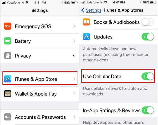 Habilite el uso de datos móviles en iTunes y App Store