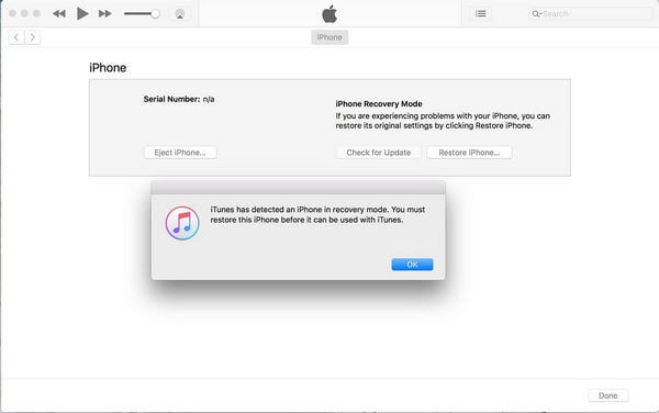Mensaje de modo de recuperación de iTunes