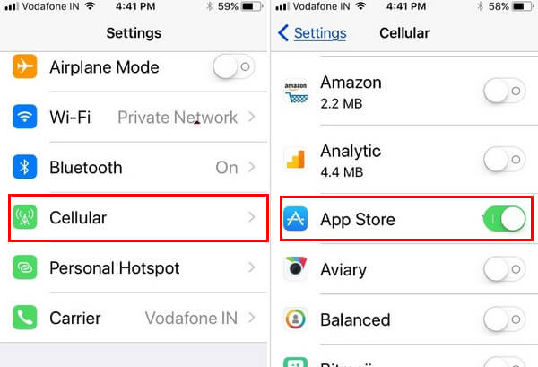 Activar datos móviles para App Store