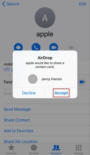 Aceptar contactos a otro iPhone