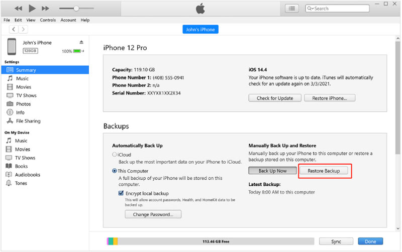 Restaurar contactos en iPhone desde iTunes Backup