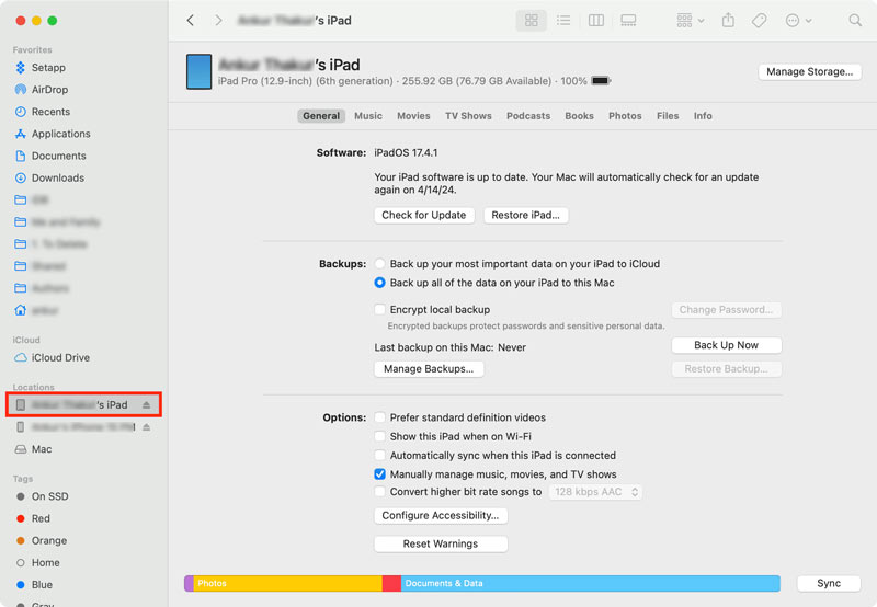 Transferir archivos del iPad mediante Finder Sync en Mac
