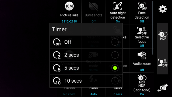 Seleccione la duración del tiempo en el disparador automático de la cámara de Android
