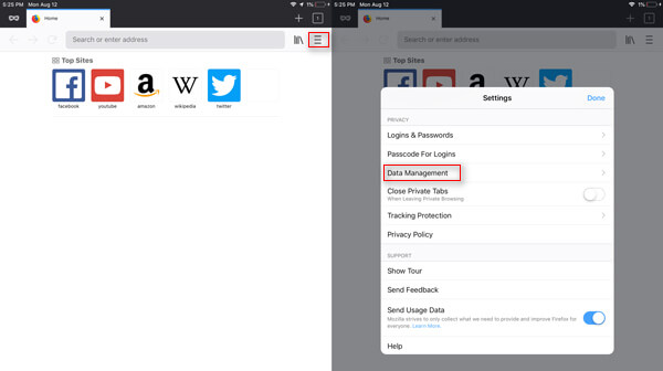 Abra la configuración de Firefox en iPad
