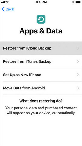 Pantalla de aplicaciones y datos - Restaurar desde iCloud Backup