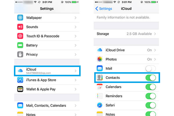 Configuración de contactos en iPhone iCloud