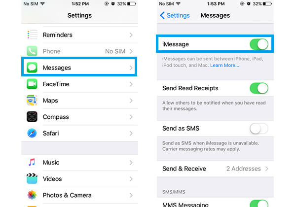 Habilite la función iMessage para arreglar iMessage que no se envía