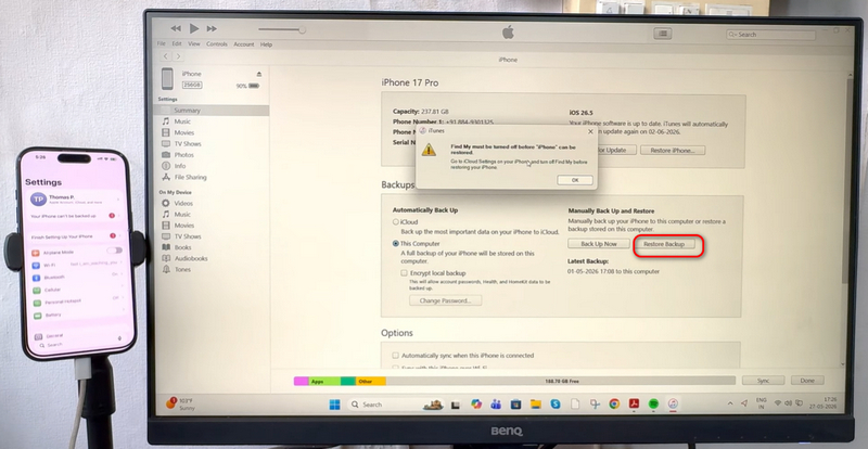 Restaurar el calendario mediante la copia de seguridad de iTunes