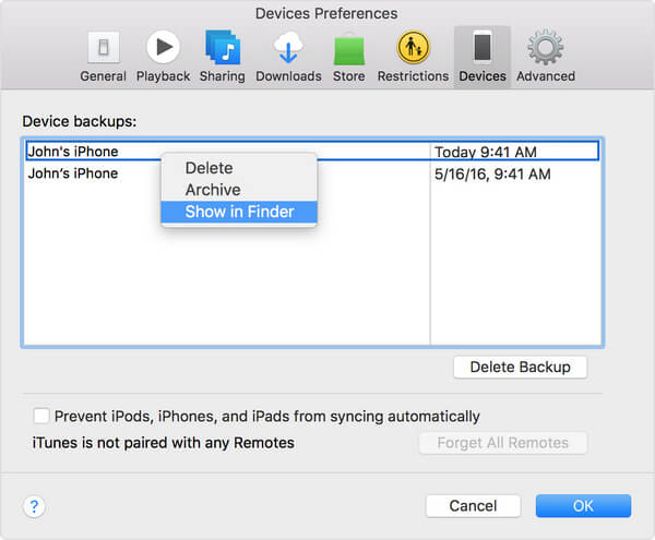 Mostrar copia de seguridad de iTunes en Finder