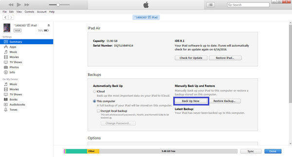 Copia de seguridad del iPad en iTunes