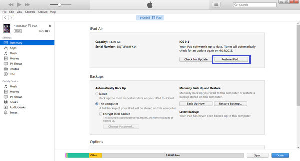 Restaurar iPad en iTunes