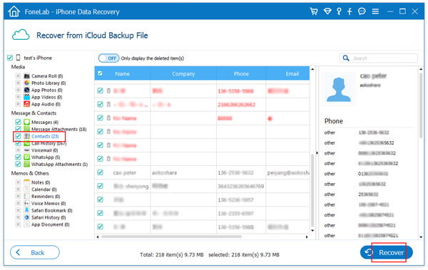 Vista previa y recuperación de contactos de iCloud