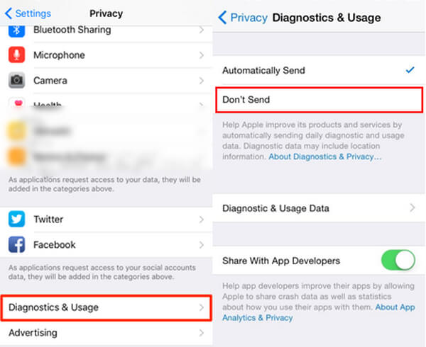 Desactivar datos de uso de diagnóstico