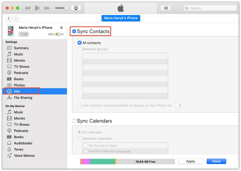 Sincroniza tus contactos del iPhone con tu Mac usando Finder.