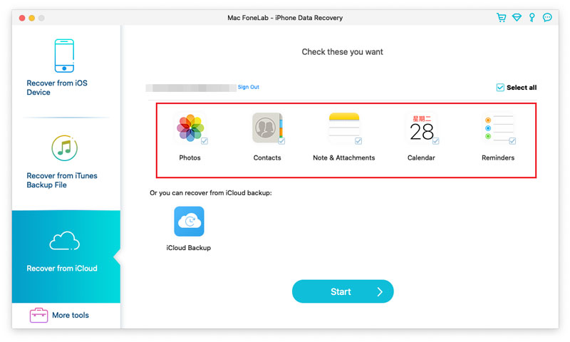 Fonelab Seleccione el tipo de datos de iCloud para escanear