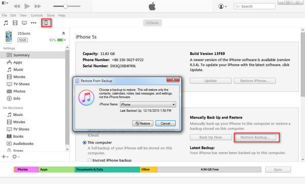 Restaurar contactos de iPhone desde iTunes