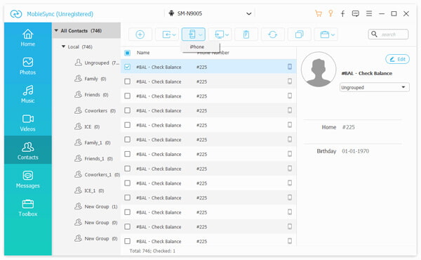 la transferencia de los contactos