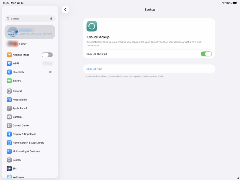 Copia de seguridad de iCloud en este iPad ahora