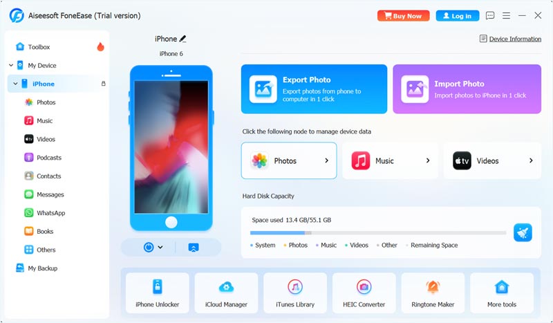 Conecta tu iPhone 6 a Foneease y elige tus fotos.