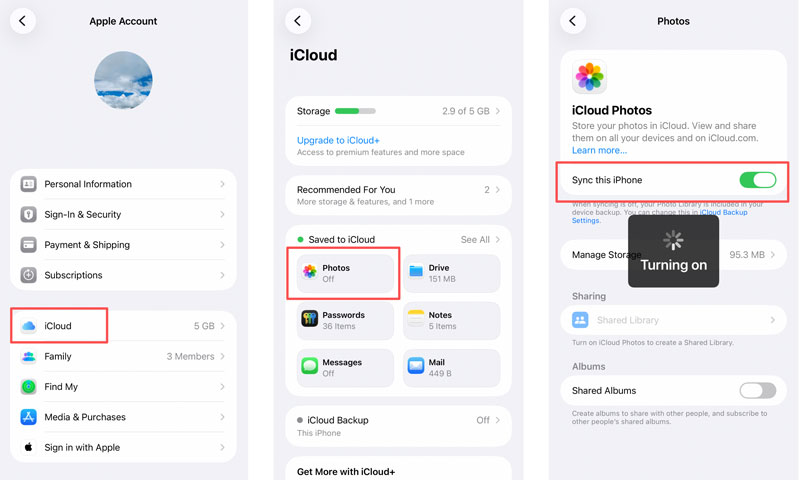 Activar la sincronización de fotos de iCloud en este iPhone