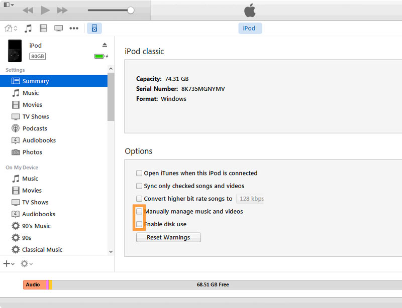 Habilitar el uso del disco iPod Classic