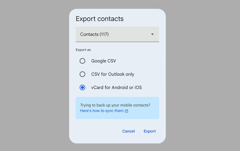 Exporta tus contactos de Google como vCard para Android e iOS.