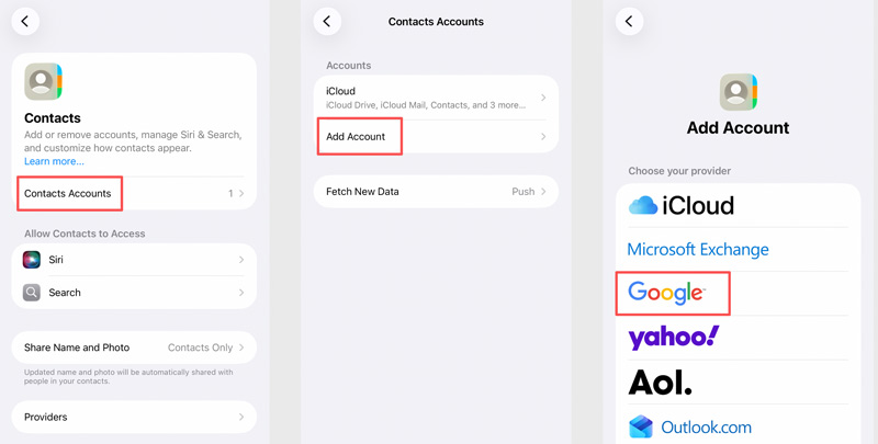 Ajustes de iCloud > Contactos > Agregar cuenta de Google > iPhone