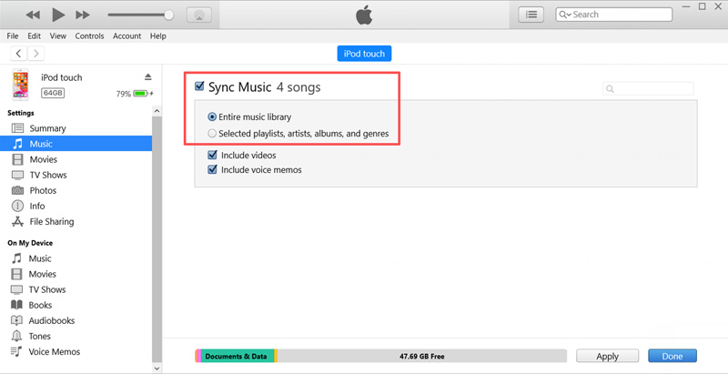 Sincronización de música de iTunes para iPod Touch
