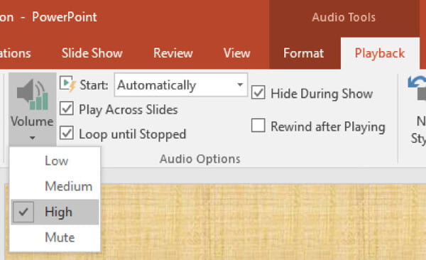 Opciones de reproducción de audio de PowerPoint