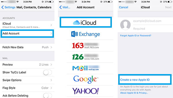 Agregar nueva cuenta de iCloud en la configuración de iPhone