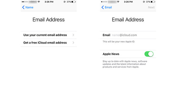 Elija una dirección de correo electrónico de iCloud para crear una nueva cuenta de iCloud
