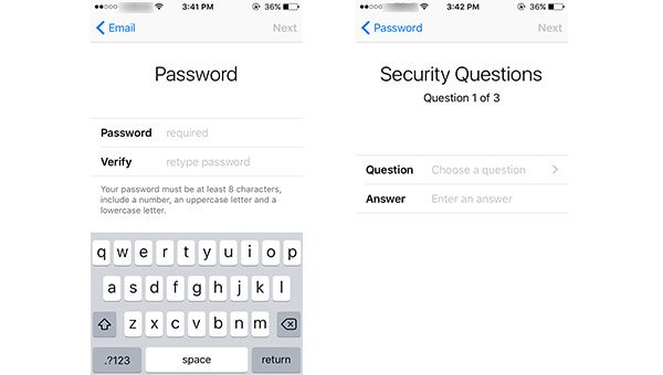 Crear contraseña de iCloud y establecer preguntas de seguridad