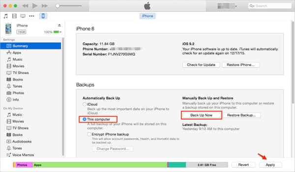 Copia de seguridad de iPhone antiguo en iTunes