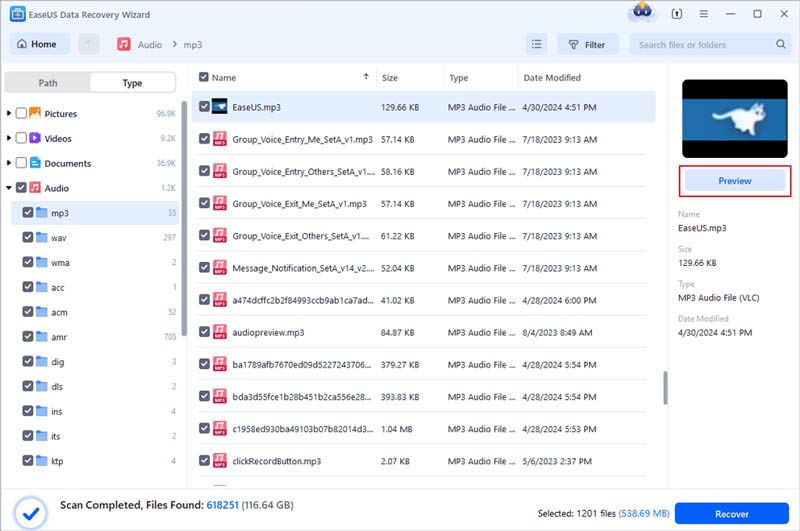 Recuperar archivos de audio con el asistente de recuperación de datos de EaseUS