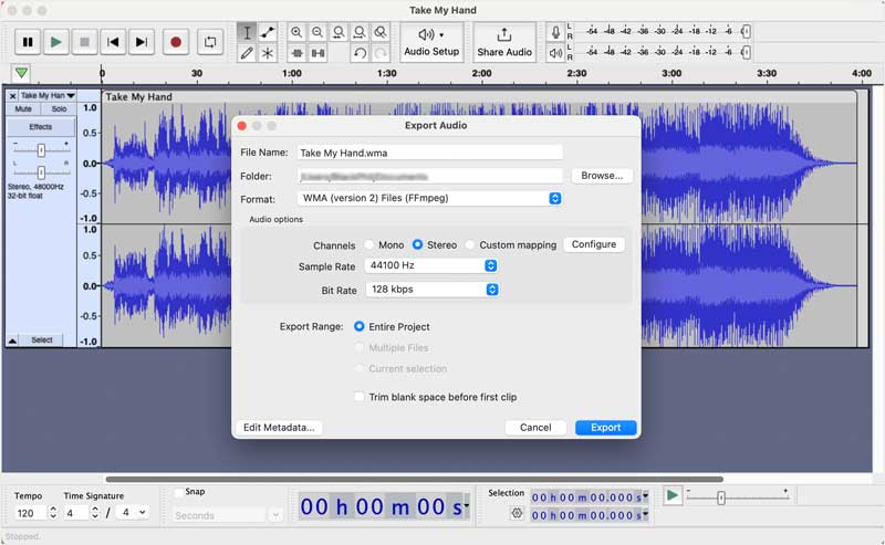 Audacity Convertir tasa de bits de audio