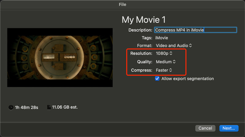 Comprimir el tamaño del archivo MP4 en Mac iMovie