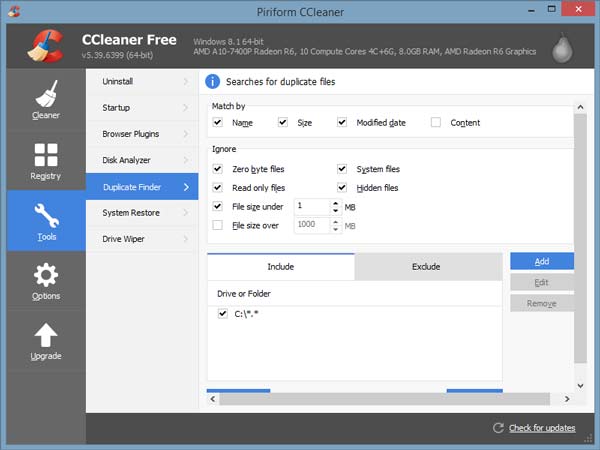 Buscador de archivos duplicados de CCleaner