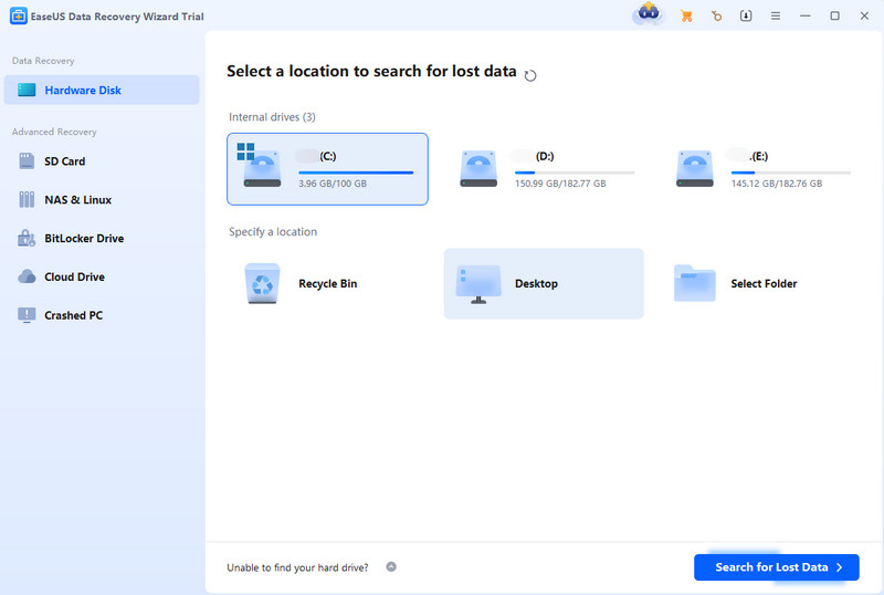 Interfaz de recuperación de datos de EaseUS