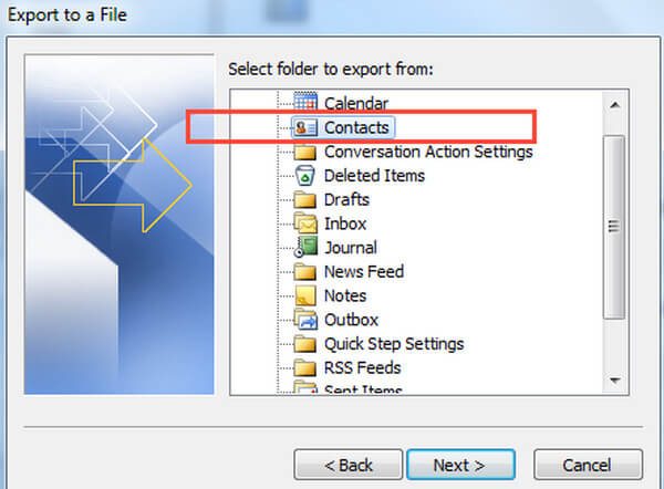 Seleccione un Floder para exportar desde Outlook 2010