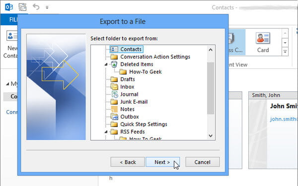 Seleccionar carpeta para exportar contactos de Outlook desde