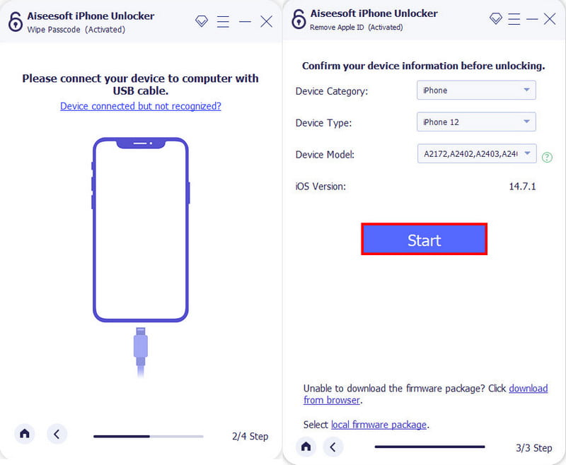 Inicio de conexión de Aiseesoft iPhone Unlocker