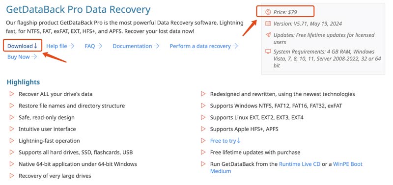Precio de descarga de Getdataback Pro Data Recovery