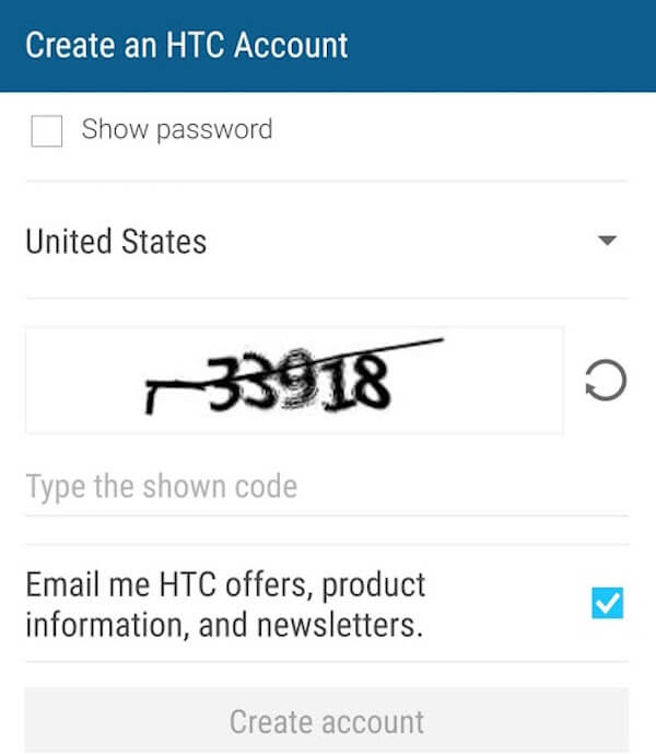 Crear una cuenta de HTC