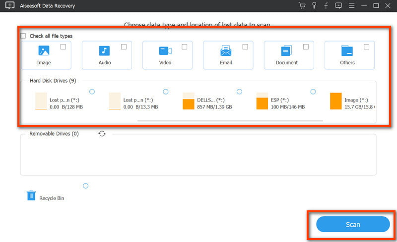 Interfaz de recuperación de datos de Aiseesoft