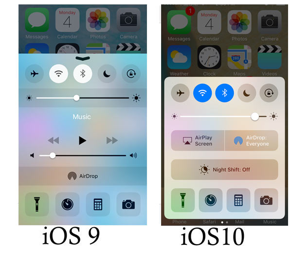 Centro de control de iOS 10 VS iOS 9