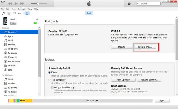 Restaurar iPod deshabilitado con iTunes