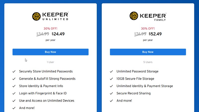Parte de los planes de precios de Keeper Password Manager