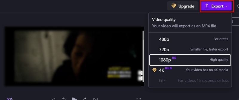 Exportación de vídeo de Clipchamp