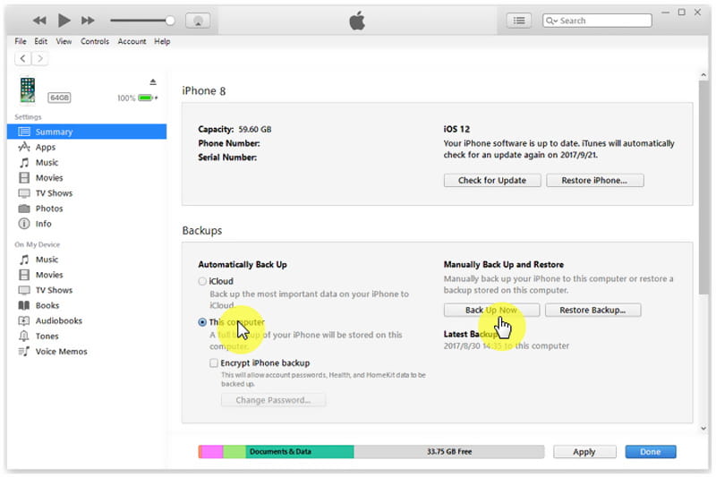 Copia de seguridad del iPhone en iTunes