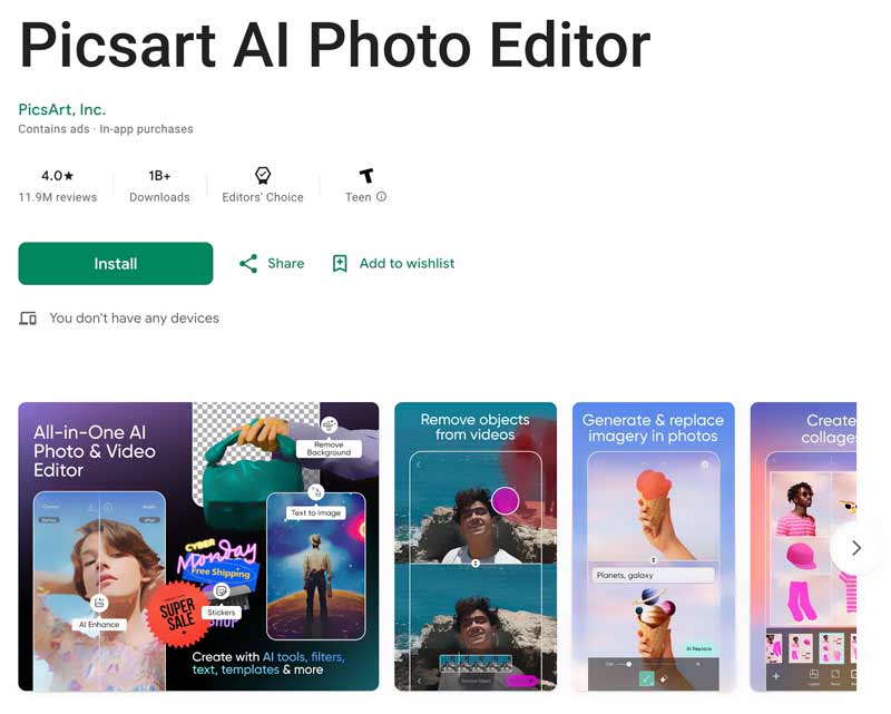 Aplicación PicsArt AI Photo Editor para Android